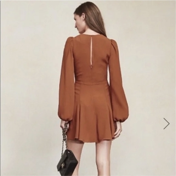 Reformation Women’s Long-Sleeve Tie-Neck A-Line Dress in Rust Size 2 - Picture 2 of 10